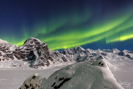 Aurora Borealis / Northern Lights over Mt. Dan Beard in the Alaska Range in the Ruth Amphitheater.